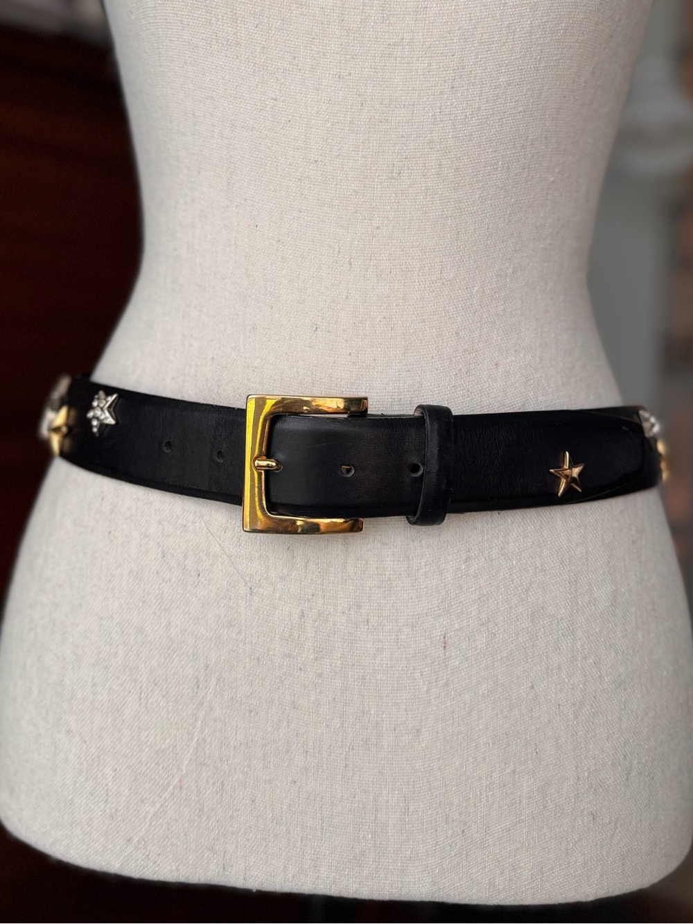 VTG Carlisle Black Leather Star Studded Belt S Gold Buckle Celestial 90’s Punk - Picture 6 of 16